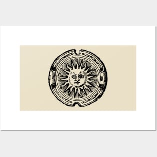 celestial grumpy sun with face line drawing vintage rays Posters and Art